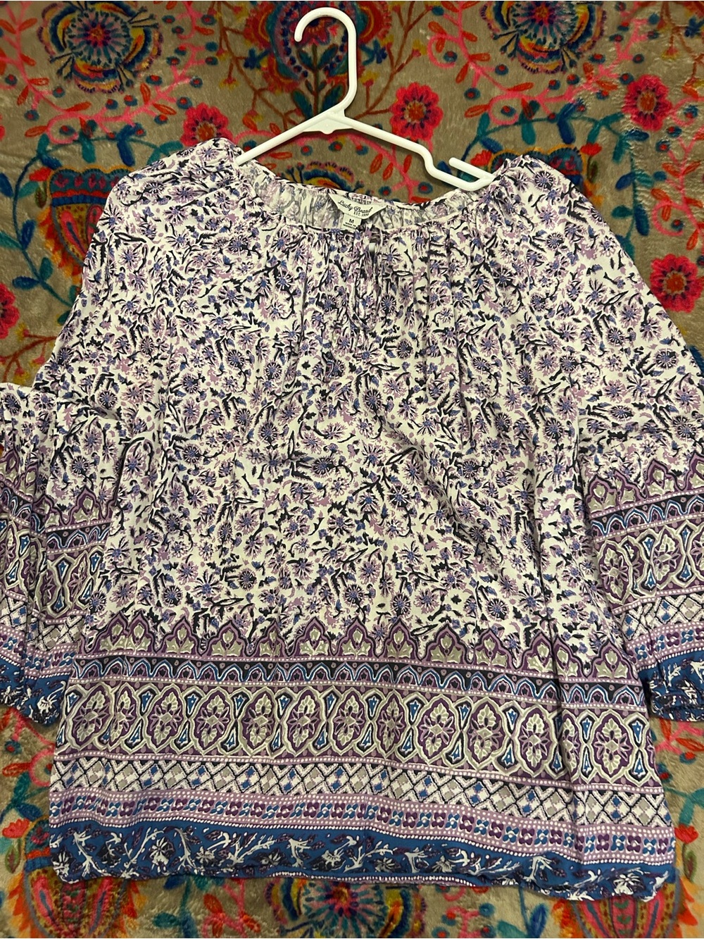 Lucky Brand Purple and White Boho Border-Print Tunic Top